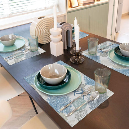 Blue Nautical Placemats Set of 4 Summer Starfish Seashell Coral Table Place Mat Non-Slip Heat Resistant Linen Beach Coastal Place Mats for Home Kitchen Dining Table, 12"X18"6