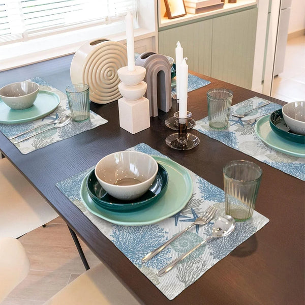 Blue Nautical Placemats Set of 4 Summer Starfish Seashell Coral Table Place Mat Non-Slip Heat Resistant Linen Beach Coastal Place Mats for Home Kitchen Dining Table, 12"X18"6