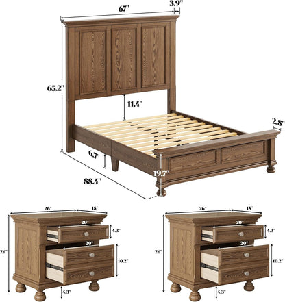 Solid Wood 3-Piece Set, Queen Bed & 2 Nightstands, Light Brown2