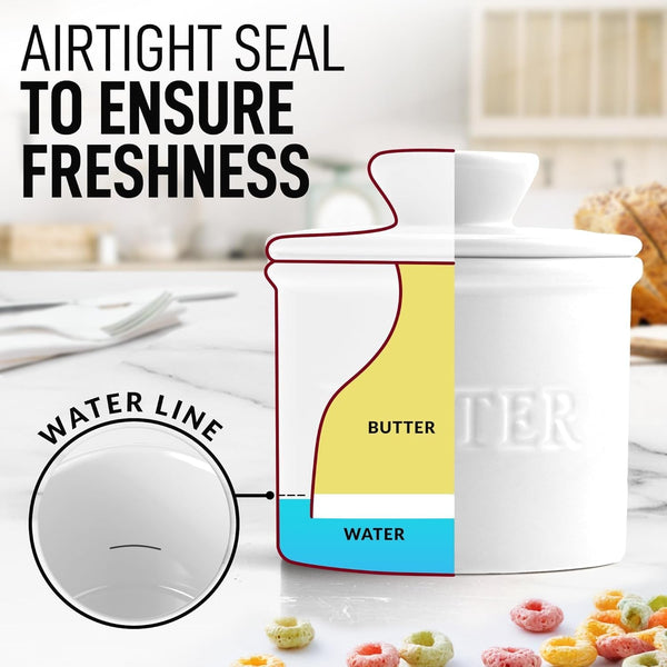 Bell Shaped Butter Crock with Lid for Countertop with Water Line & Spreader Knife, Ceramic French Butter Dish Keeper for Fresh, Soft & Spreadable Butter - White5