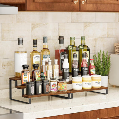 3-Tier Spice Rack, 13.8 Inch Wood Countertop Spice Storage Holder, Kitchen Pantry Cabinet Organizer Cupboard for Spice Bottles, Jars, Seasonings, Baking Supplies, Metal Frame(Set of 2)2