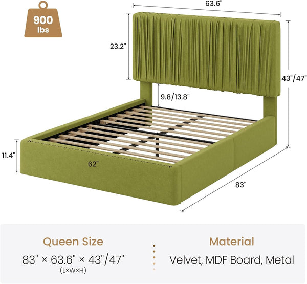 Queen Size Artisanal Pleated Velvet Bed Frame with Adjustable Headboard, Luxurious Upholstered Floor Platform Bed, Modern Low Profile Frame, Green2