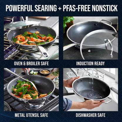 Hybrid Nonstick Stainless Steel 12” Wok with Lid, Pfas-Free Ceramic Diamond Bond Stir-Fry Pan, Induction Ready, Dishwasher & Oven Safe, Metal Utensil Safe, Stay-Cool Handle, Silver3