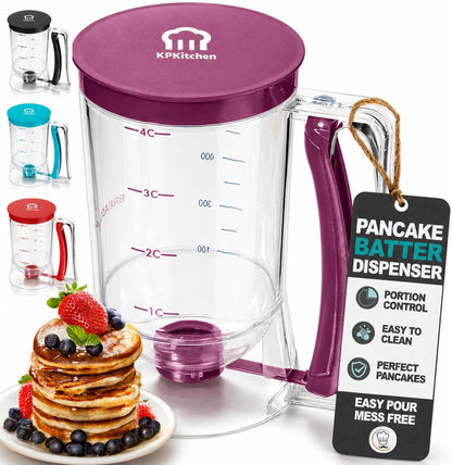 Pancake Batter Dispenser, Squeeze Handle for Pancakes, Waffles & Cupcakes | Griddle Use, Cake, Crepe and Muffin Batter, Measuring Marks, Easy Portion Control, Mess-Free Pouring, 4-Cup Capacity, Purple.1
