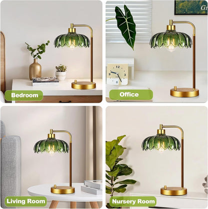 Vintage Table Lamp for Bedroom Living Room,Small Bedside Lamps Dimmable Bedroom Lamp with Glass Green Flower Lampshade,Mid Century Modern Mini Nightstand Lamp Gold Boho Side Table Lamp7