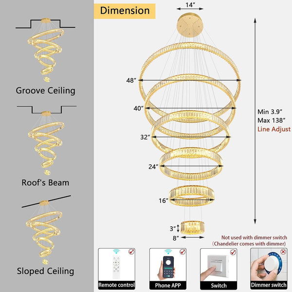Large Ring Chandelier Modern Crystal Chandeliers for High Ceiling round LED Dimmable Ceiling Light Fixture for Foyer Long Stair Gold 8''+16''+24''+32''+40''+47''2