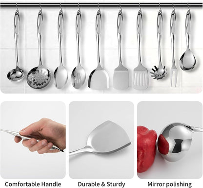 304 Stainless Steel Kitchen Utensils Set, 10 Pcs Metal Cooking Utensil, Mirror Polished Kitchen Gadget Cookware and Kitchen Tool Set, Dishwasher Safe6
