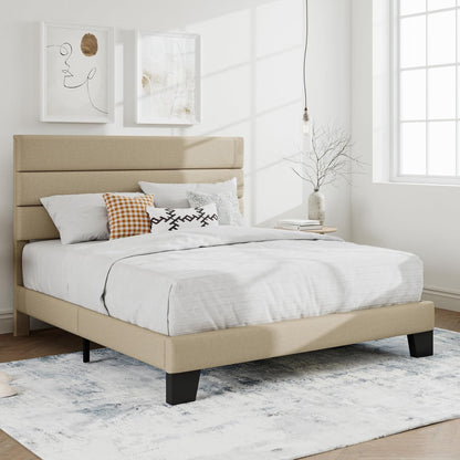 Full Platform Bed Frame with Upholstered Fabric Headboard, Beige3