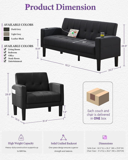 62" W Leather Loveseat and 2 Chairs, Living Room Sets W/Charging Station2