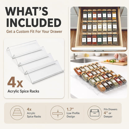Acrylic Spice Drawer Organizer 4 PK, Expandable 13"-26" Acrylic Spice Rack for Drawer Seasoning Organizer Tray, Shelf Stackable 4-Tier Herb Jar Rack Insert for Kitchen Cabinet, Herb Jars Not Included2
