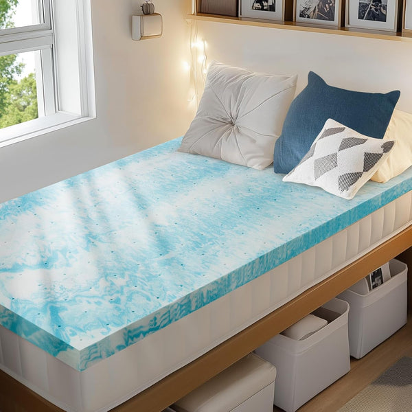 3 Inch Twin XL Memory Foam Mattress Topper, Cooling Gel Infused Mattress Pad, Ventilated Bed Topper for Pressure Relief, Dorm Room Essentials, Blue1