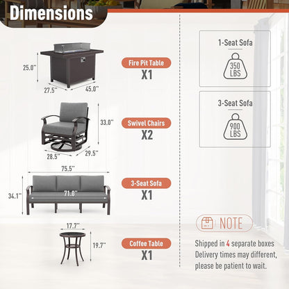 Aluminum Patio Furniture Set 5-Seat Modern Metal Outdoor Conversation Sets W/45In Propane Fire Pit Table, Swivel Rocking Chairs Patio Sectional Sofa W/5.1In Cushion, Grey2
