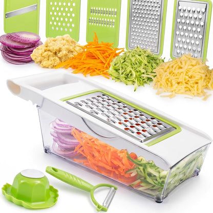 Cheese Grater with Container,5 in 1 Mandoline Slicer for Kitchen,Multi Purpose Vegetable Slicer, Easy to Clean Vegetable Chopper,Cheese Shredder,Julienne Slicer and Peeler1