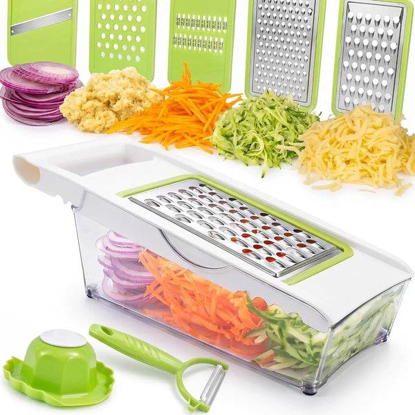 Cheese Grater with Container,5 in 1 Mandoline Slicer for Kitchen,Multi Purpose Vegetable Slicer, Easy to Clean Vegetable Chopper,Cheese Shredder,Julienne Slicer and Peeler1
