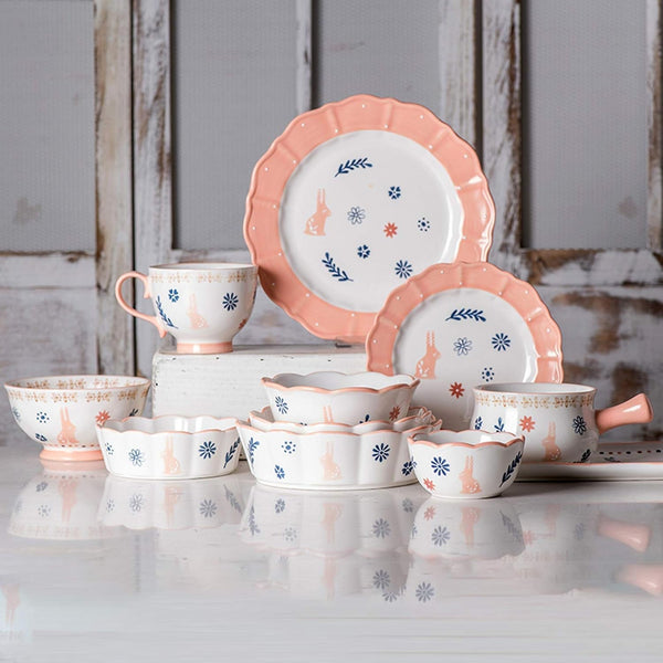 Dishes/Plate/Bowl Set,Ceramics Dinnerware Sets, 33 Pieces Rabbit Pattern Porcelain Dinner Set for Wedding Gifts Stroke Coffee Cup Cereal Bowl and Steak1