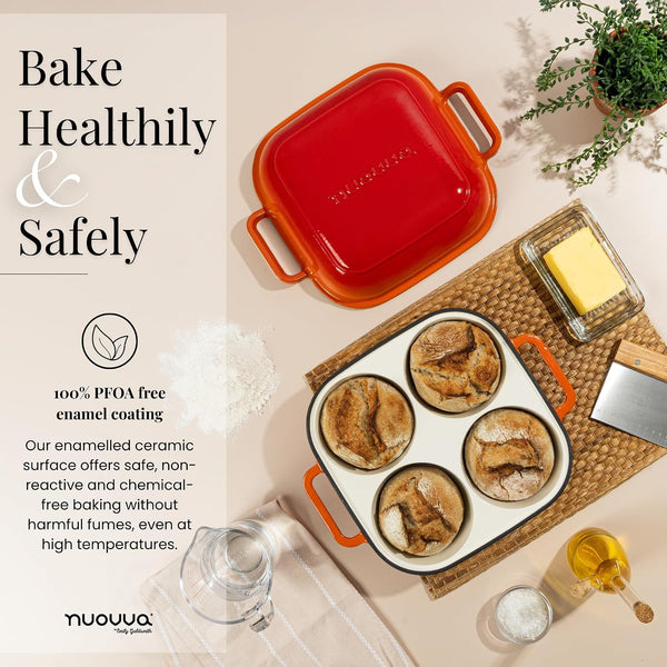 Quadpro Enamelled Cast Iron Bread Loaf Pot – Dutch Oven for Sourdough Bread Baking – 500°F Oven Safe Non Stick Bread Pot – 4 round Loaf Spaces (4.90-Inch Diameter), Orange – by2
