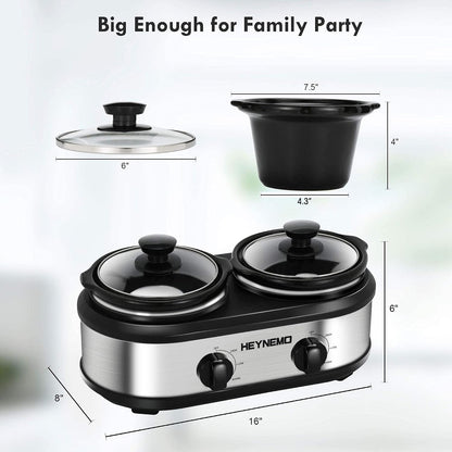 Double Slow Cooker, Buffet Servers and Warmers, Dual 2 Pot Slow Cooker Food Warmer, Adjustable Temp Dishwasher Safe Removable Ceramic Pot Glass Lid, 2 X 1.25 QT Portable Small Crock Cooker6