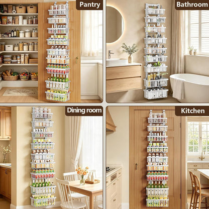 9 Tier Narrow over the Door Pantry Organizer, 2 in 1 Wall Mount or Hanging Spice Rack with Adjustable Deep Basket, Heavy-Duty Seasoning Organizer and Storage for Kitchen Closet Bathroom (White)9