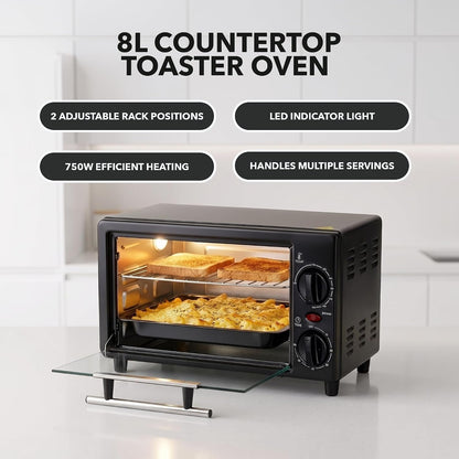 8L Countertop Toaster Oven, Adjustable Temperature, Black TO2808B | 60-Minute Timer, Easy-To-Clean Baking Pan, 750W Compact Design Perfect for Mini for Pizza, Bake, and Broil3