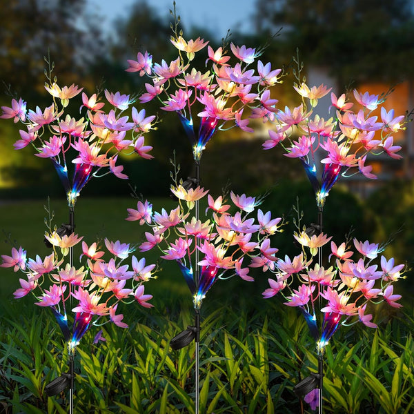 Solar Flowers Outdoor Waterproof IP65, 5-Head Snow Lotus with 20+ Flowers, 4-Color Light & 2 Lighting Modes, Decorative Solar Lights Outdoor Garden, Yard, Pathway, Flower Bed (6-Pack, Pink)1