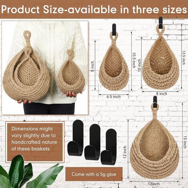 3 Hanging Baskets, Light Linen, Teardrop, Cotton Rope2