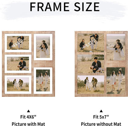 4X6 or 5X7 Picture Frames, Rustic Brown Wooden Frame with Real Glass, Displays Pictures Five 4X6 with Mat or 5Pcs 5X7 without Mat for Wall Mounting, Photo Collage Frame4