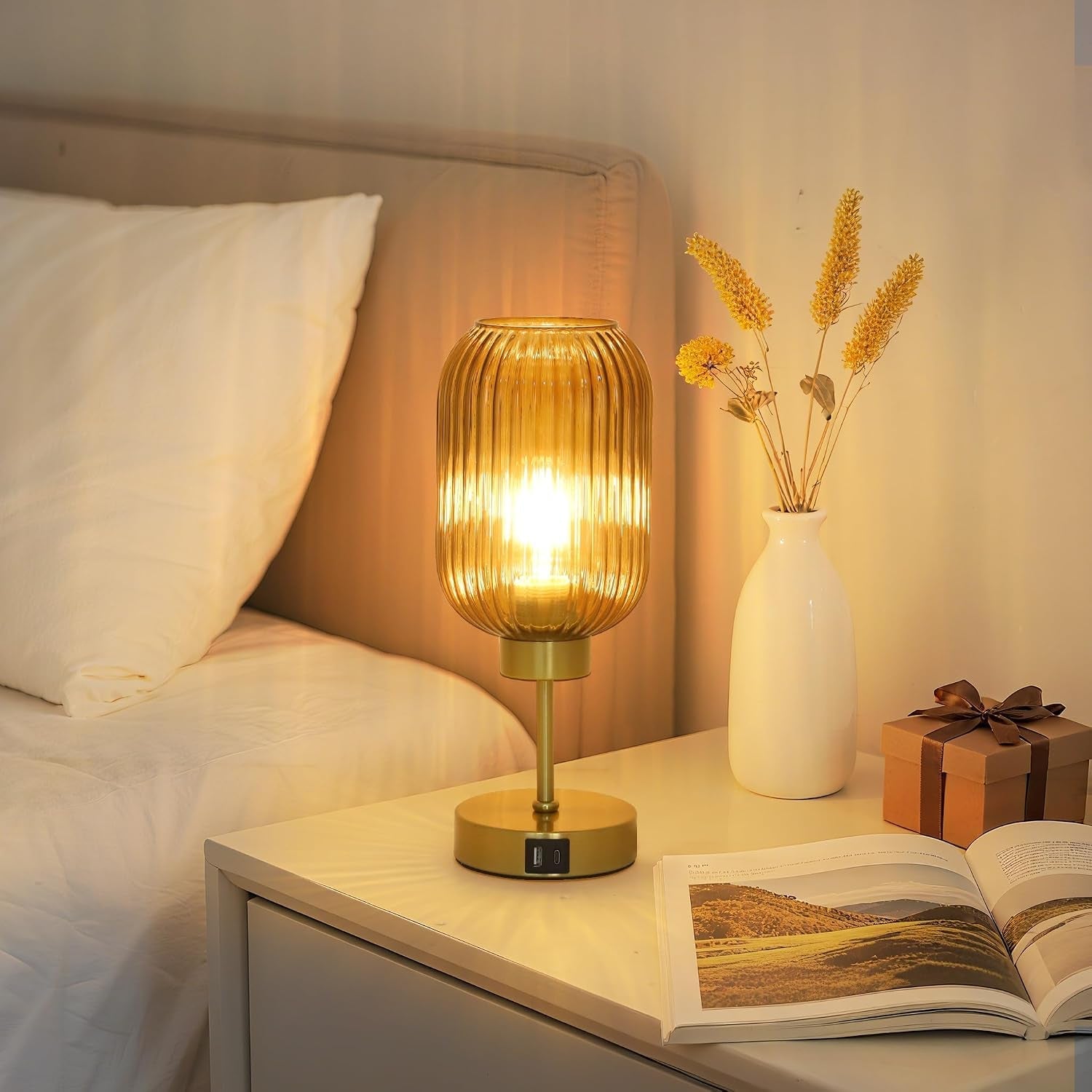 vintage-gold-touch-table-lamp-small-desk-lamp-with-amber-glass-shade-bulb-charging-port-mid-century-modern-bedside-lamp-3-way-dimmable-nightstand-lamp-for-bedroom-living-room-home-office