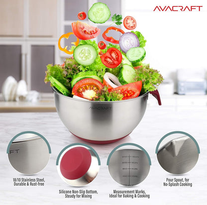 18/10 Stainless Steel Mixing Bowls with Lids, Non Slip Silicone Base Bowls with Handle, Mixing Bowl Set with Pour Spouts & Measurement Marks, Home Essentials Cooking Bowls, (Red)4