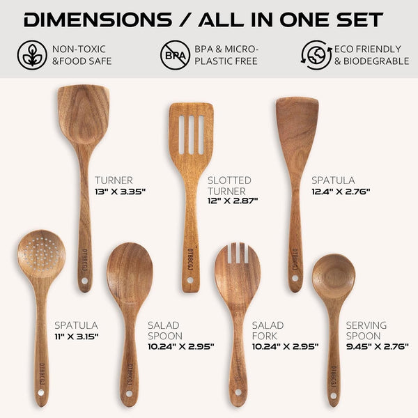Wooden Cooking Utensils Set, 7 Piece Natural Acacia Kitchen Spoons for Cooking with Turner, Slotted Turner, Spatula, Salad Spoon and Fork2