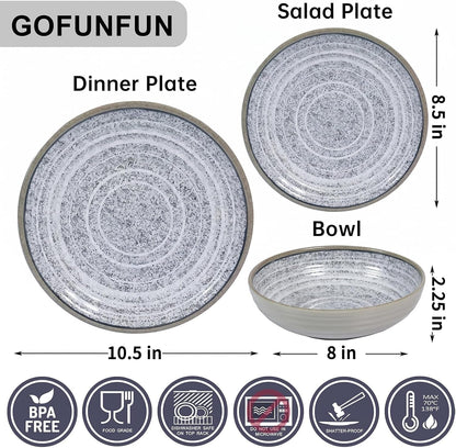 Melamine Dinnerware Sets 12 PCS - Service for 4 Plates & Bowls Sets Grey3