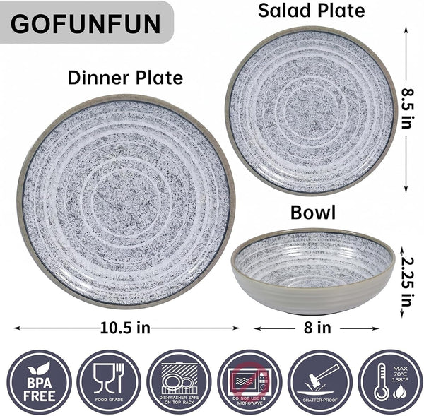 Melamine Dinnerware Sets 12 PCS - Service for 4 Plates & Bowls Sets Grey3