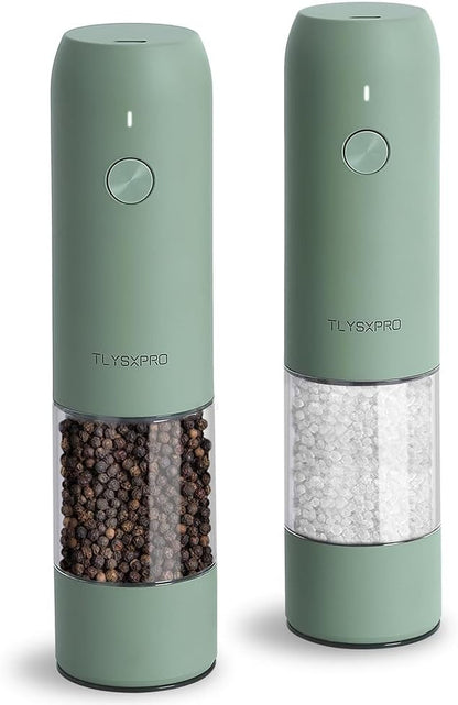 Electric Salt and Pepper Grinder Set, USB Rechargeable, Automatic Salt and Pepper Mill Grinder with Adjustable Coarseness, Electric Salt Shakers, LED Light, Refillable (2 Packs, Sage)1
