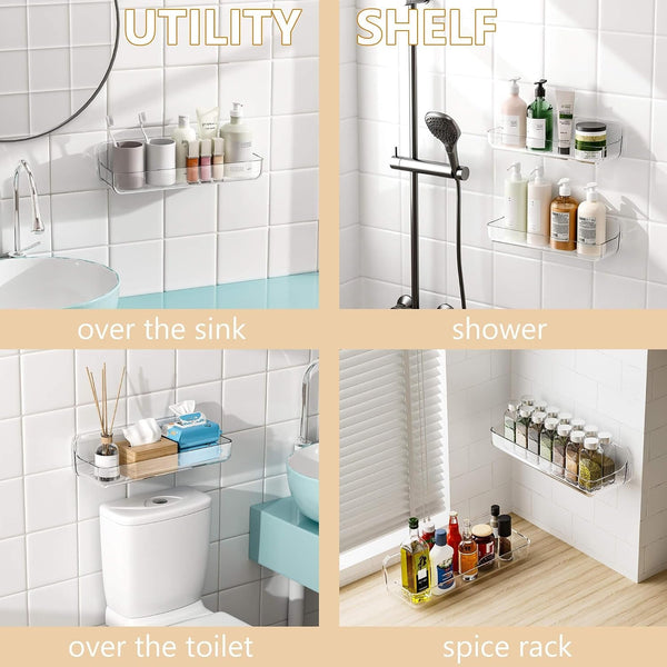 Acrylic Clear Shower Caddy Adhesive Shelf, 2Pc Plastic Shower Organizer with Self Adhesive Tape, No Drilling Wall Mount Shower Shelves for Bathroom Kitchen, Transparent5