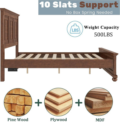 Wood Bed Frame Queen with Tall Headboard & Footboard, Traditional Queen Panel Bed with USB Charging Station for Bedroom, Guest Room, Easy Assembly, No Box Spring Required,Walnut9