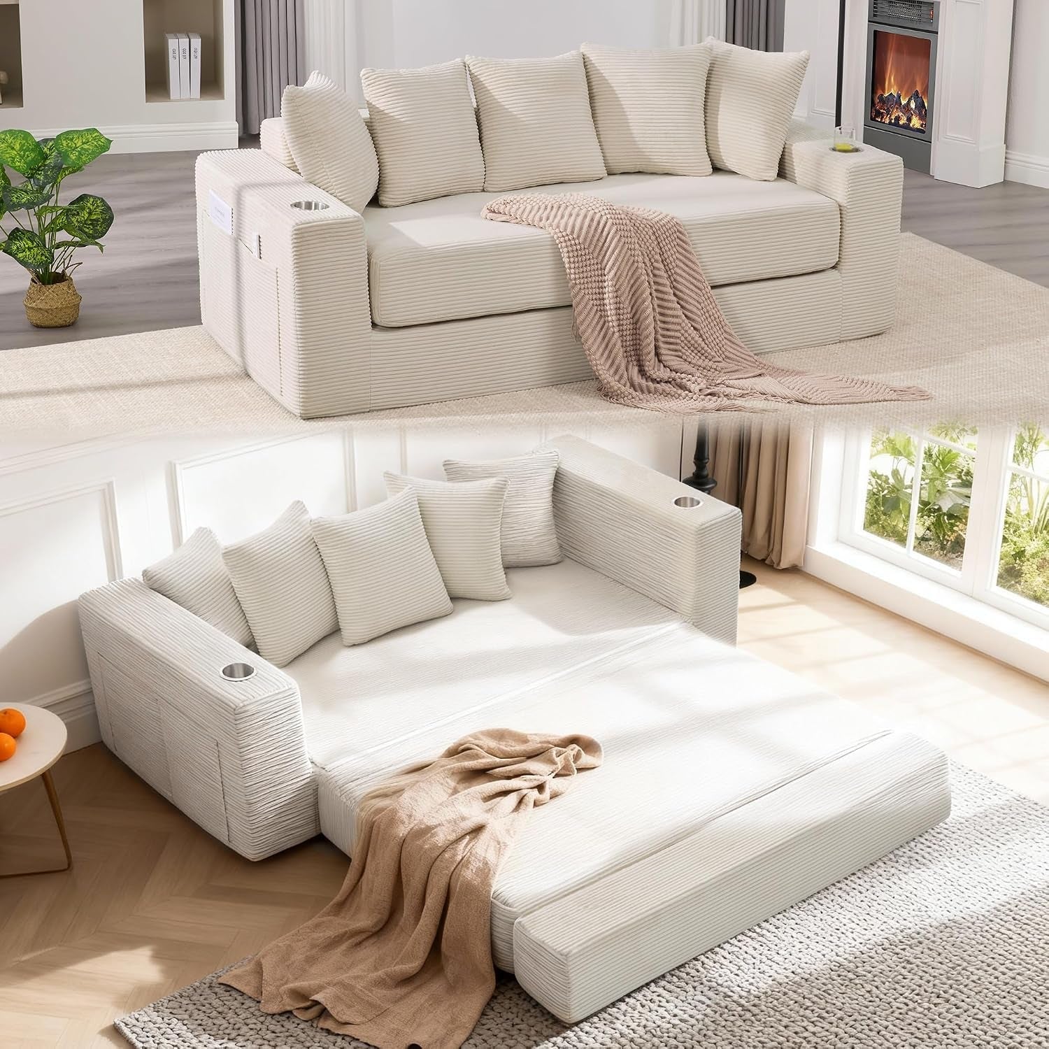 76-convertible-sofa-bed-corduroy-boneless-couch-with-cup-holders-pocket