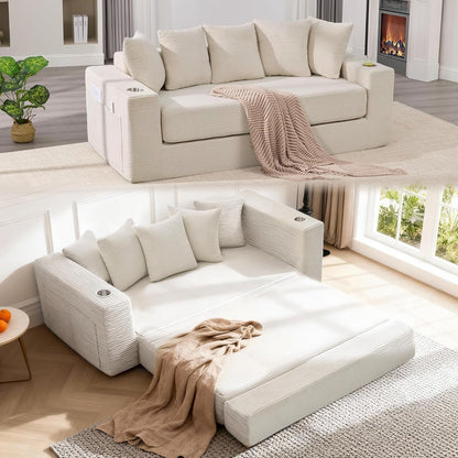 76" Convertible Sofa Bed, Corduroy Boneless Couch with Cup Holders & Pocket1