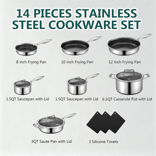 14-Piece Hybrid Stainless Steel Cookware Set with 3 Silicone Trivets | Heavy-Duty Pots and Pans Set, Induction Compatible, Oven Dishwasher Safe, PFOA Free2