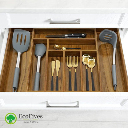 Luxury Acacia Kitchen Drawer Organizer - Silverware Organizer - Utensil Holder and Cutlery Tray with Grooved Drawer Dividers for Flatware and Kitchen Utensils (8 Slot), 17*12.4*2 Inch4