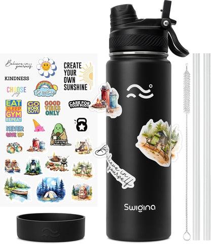 Insulated Water Bottle with Silicone Boot (36Hrs Cold/18Hrs Hot) - DIY Stickers, Leakproof, BPA Free, Black, 24 Oz [2-IN-1 LID]1