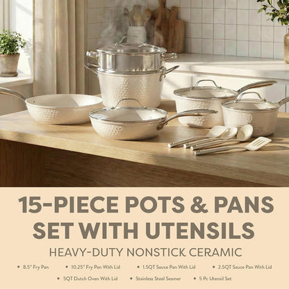 Hammered 15 Pc Ceramic Cookware Set Nonstick, Pots and Pans Set Non Stick with Induction Cookware, Cooking Utensils & Steamer, Non Toxic PFOA PFOS Free, Oven & Dishwasher Safe2