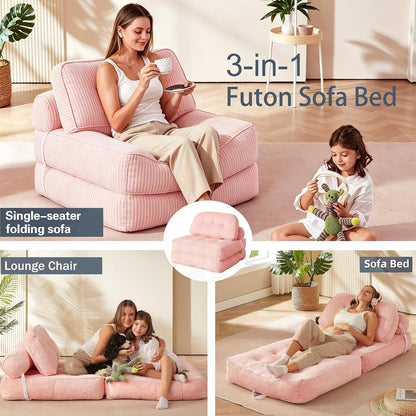 Folding Sofa Bed, Flannel Futon Couch Bed with Pillow and Blanket, Convertible Sleeper Chair for Living Room Bedroom, Pink3