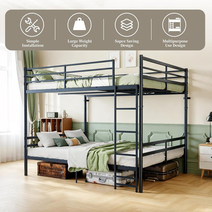 Queen over Queen Metal Bunk Bed with Ladder and High Guardrails, Convertible into 2 Queen Beds,770 Lbs Bottom & 550 Lbs Top Capacity, Heavy-Duty Slat Support, No Box Spring Needed7