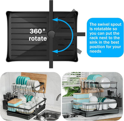 2-Tier Large Dish Drying Rack for Kitchen Counter, Black2