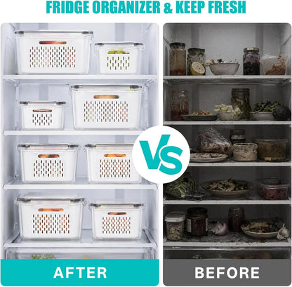 4 Pack Fruit Storage Containers for Fridge Set, Produce Containers for Fridge with Strainer, Plastic Reusable Fridge Organizers and Storage for Berry Salad Lettuce, Size 3.4, 1.8, 0.9, 0.4QT8