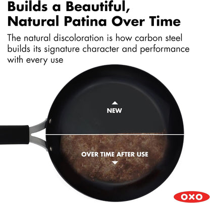 OXO Obsidian 10” Carbon Steel Frying Pan, Pre-Seasoned Skillet with Iron Cleaning Brush, Builds Natural Nonstick with Use, Induction Ready, Oven Safe, Removable Silicone Handle3