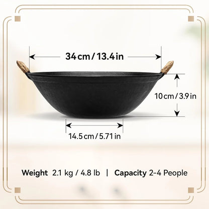 13.4 Inch Cast Iron Wok with Wooden Lid and Iron Spatula, Flat Bottom Double-Handle Chinese Stir Fry Pan, Uncoated Cast Iron Wok for Induction, Gas and Electric Stoves2