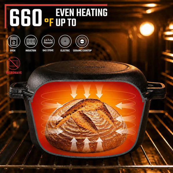 7QT Double Dutch Oven - 2-In-1 Pre-Seasoned Cast Iron Pot & Recipe | Skillet Lid Doubles as Frying Pan, Heavy Duty Cast Iron Pot with Handle Covers, for Sourdough Baking Frying Outdoor Camping3