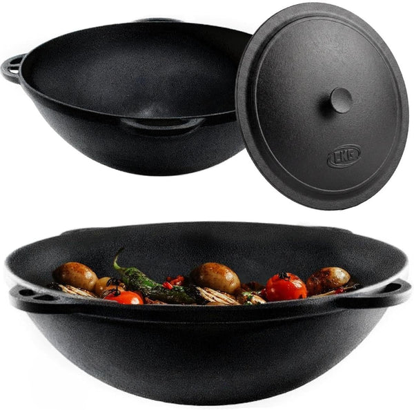 Kazan Uzbek Cast Iron Kazan for Plov Making Cookware Insulated Double Handle Pan Wide Mouth Cast Iron Dutch Oven, Outdoor Cooking Frying Pot, Lodge Cast Iron Skillet, 22 L1