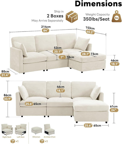 Sectional Cloud Couch for Living Room, Spring Cushion Seating, L Shaped Convertible Modular Sofa with Ottoman, Beige2