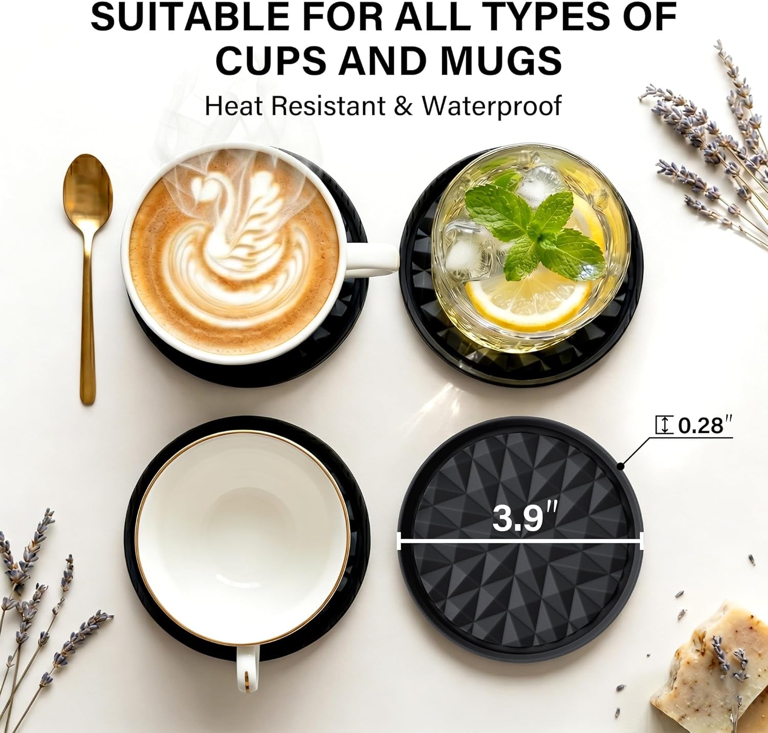 silicone-drink-coasters-set-of-4-coaster-for-desk-prevents-condensation-spills-non-slip-reusable-easy-clean-diamond-pattern-stylish-office-home-decor-gift-idea-black